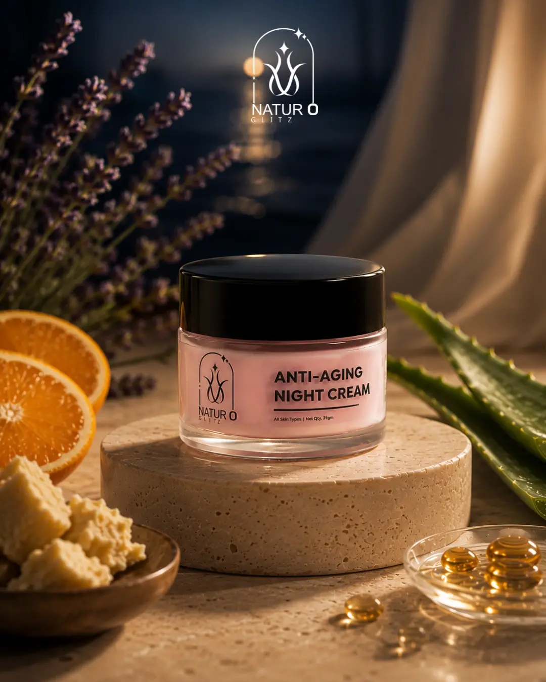 Best anti aging night cream by NaturO Glitz in a premium skincare jar with aloe vera and orange accents