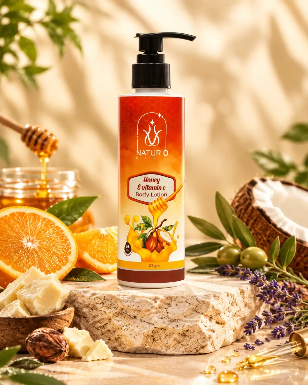 Honey and vitamin C body lotion in a pump bottle with natural ingredients