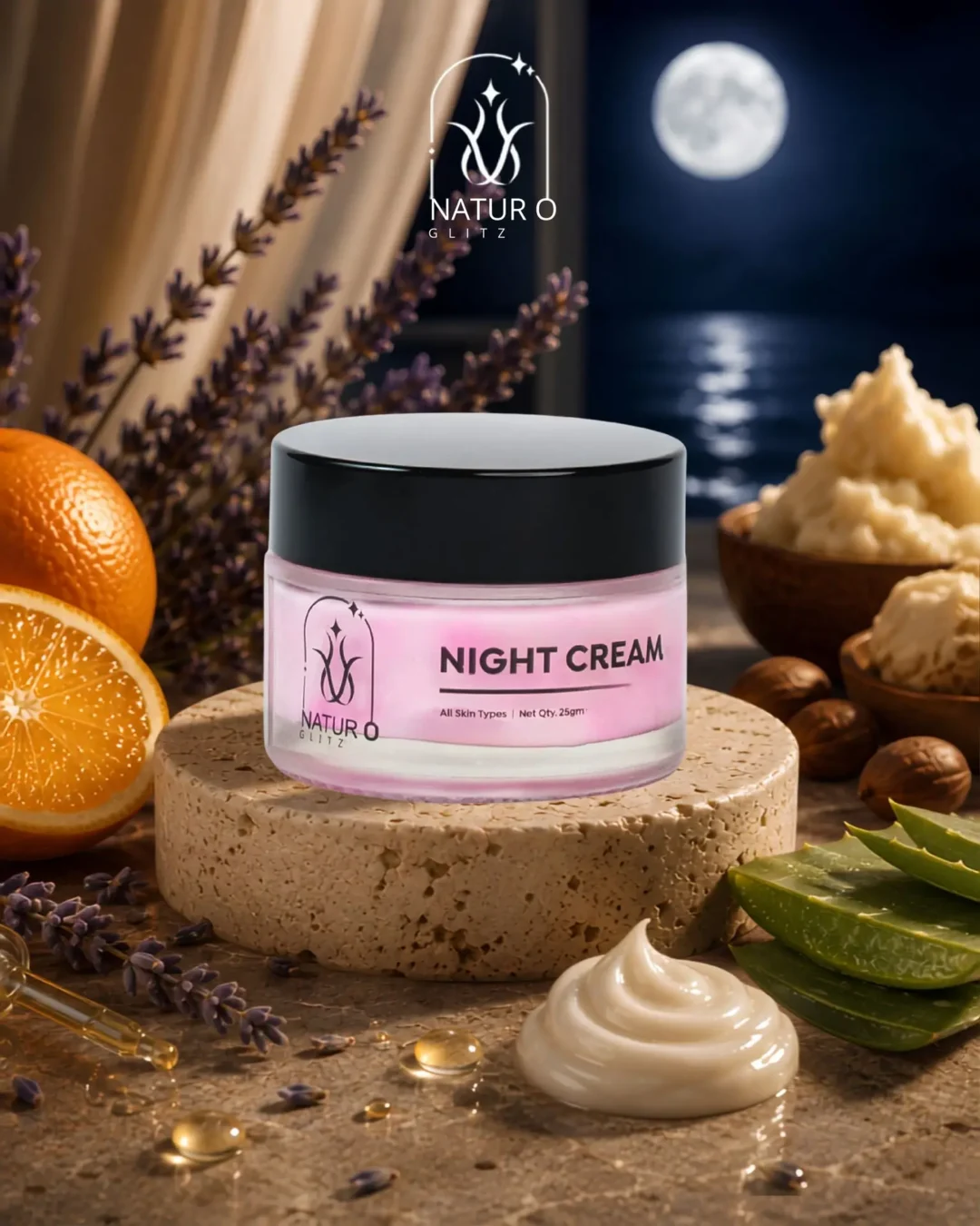 Best night cream in a pink jar with aloe vera, lavender, and nourishing skincare ingredients for overnight care
