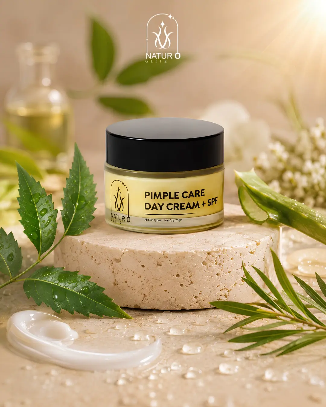 Best pimple cream with SPF in a skincare jar surrounded by aloe vera and botanical ingredients