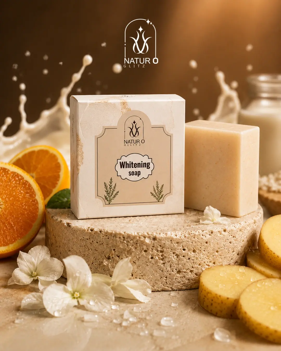 Skin whitening soap bar and packaging displayed with fresh citrus and natural skincare ingredients