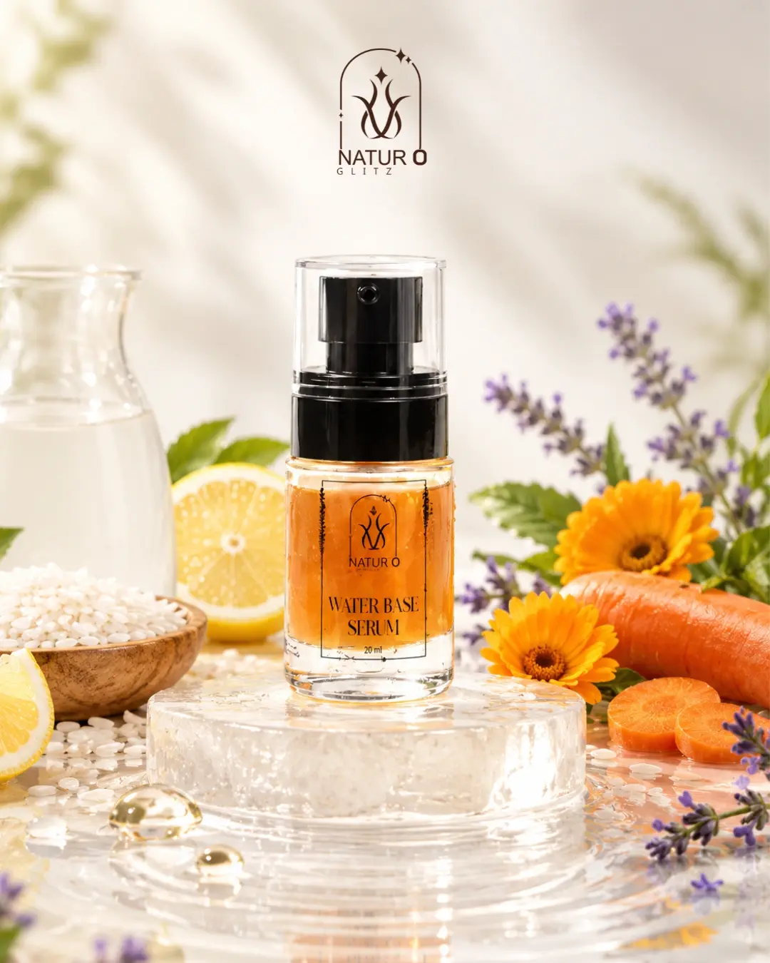 Water based serum in a clear pump bottle with a lightweight skincare formula and botanical ingredients.