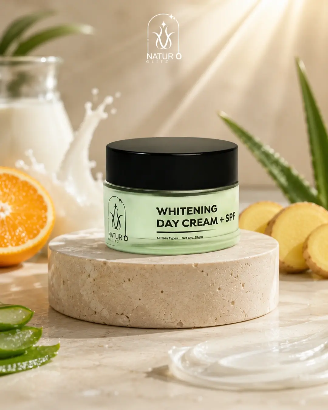 Whitening day cream with SPF in a skincare jar displayed with aloe vera, orange, and natural skincare ingredients