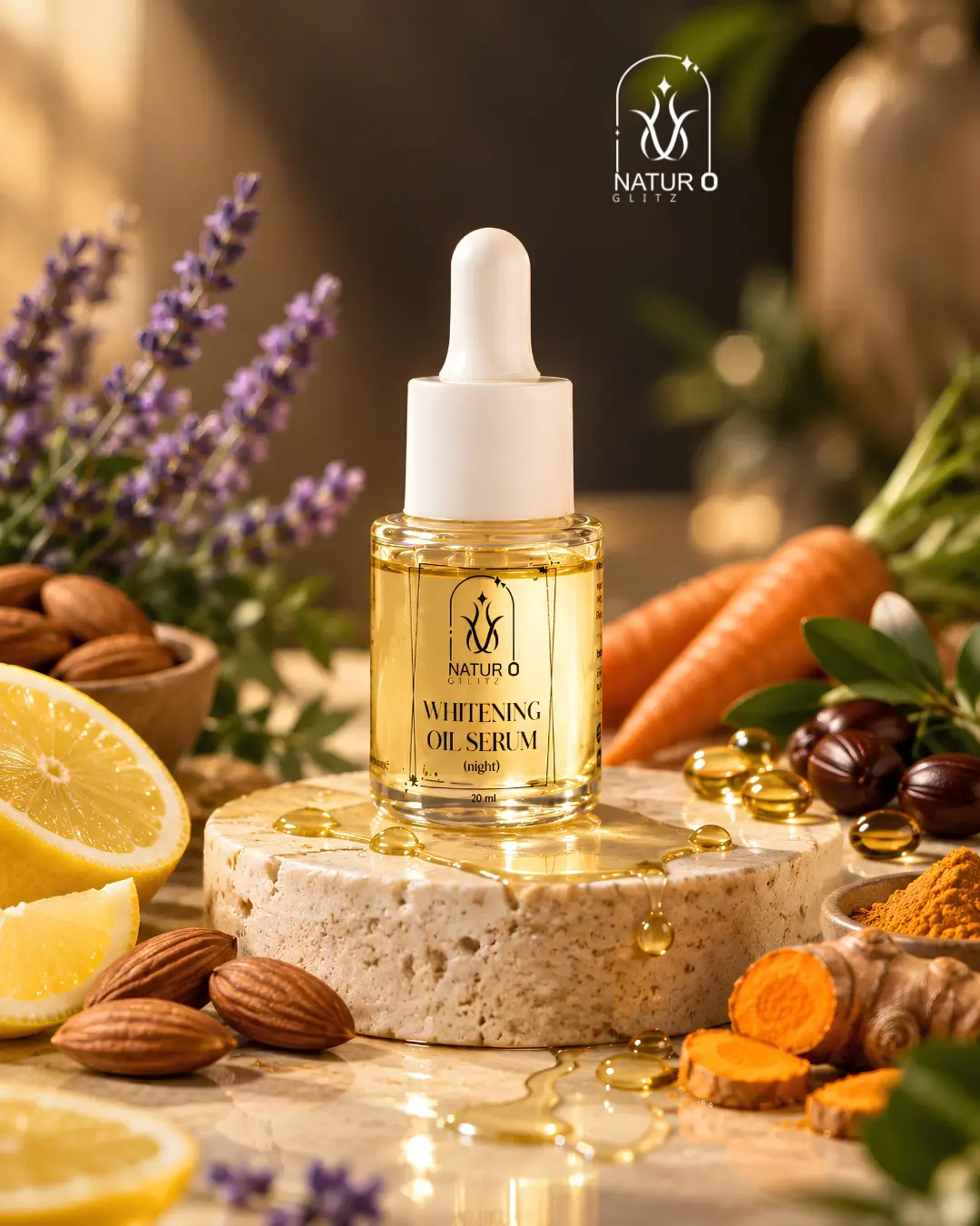 Face brightening serum for night in a dropper bottle with nourishing botanical ingredients.
