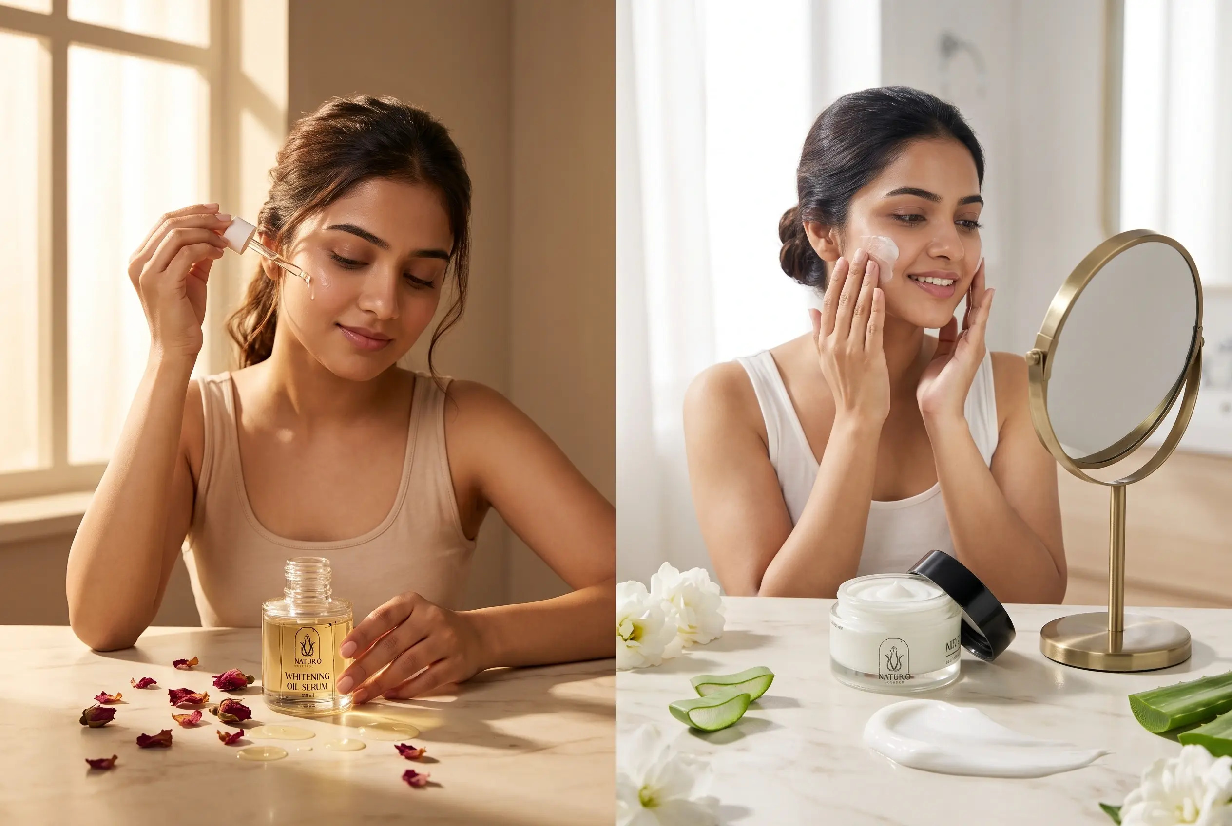 Face Serum vs Moisturiser comparison showing serum application and moisturiser skincare routine