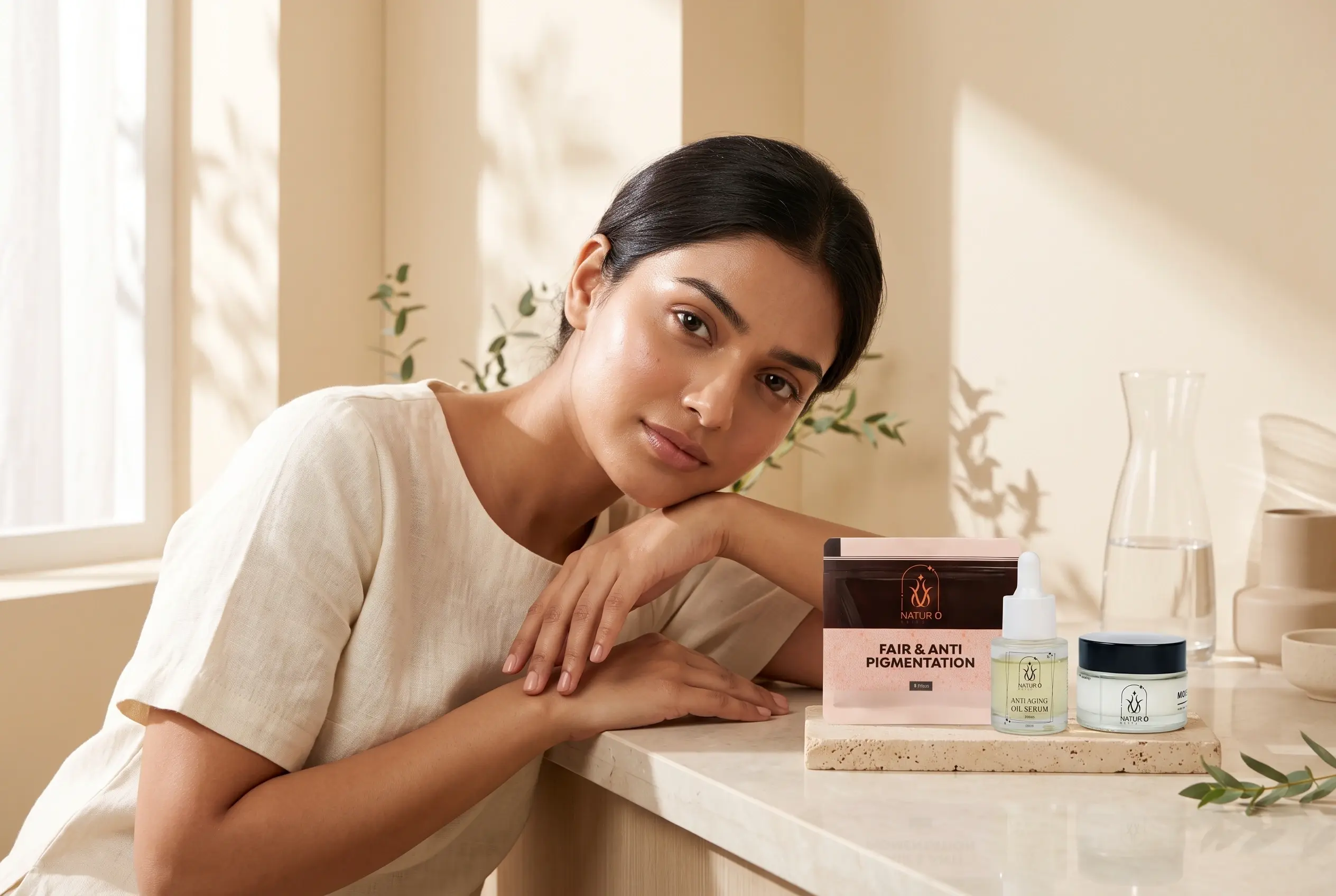 Natural Skincare Products including anti-aging oil serum and pigmentation care cream