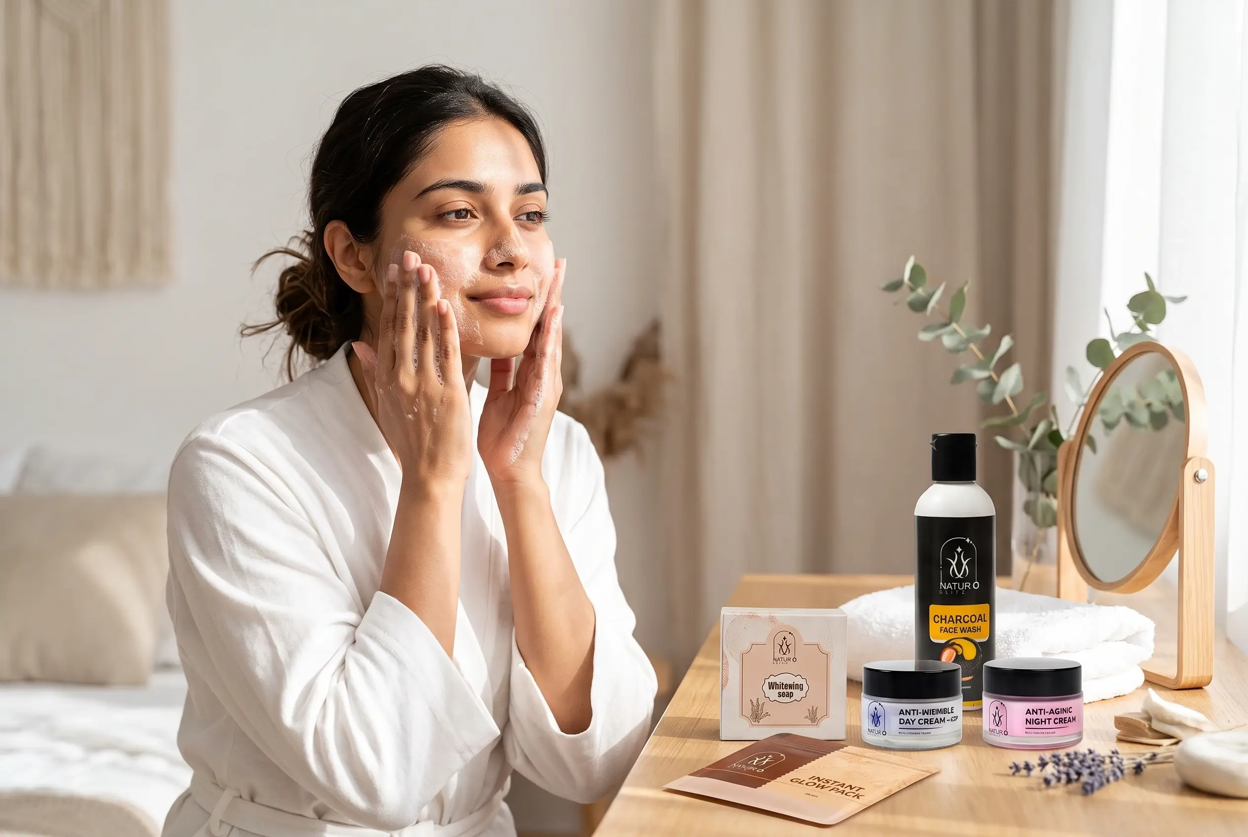 Natural Skincare Routine with face wash, day cream, night cream and skincare products