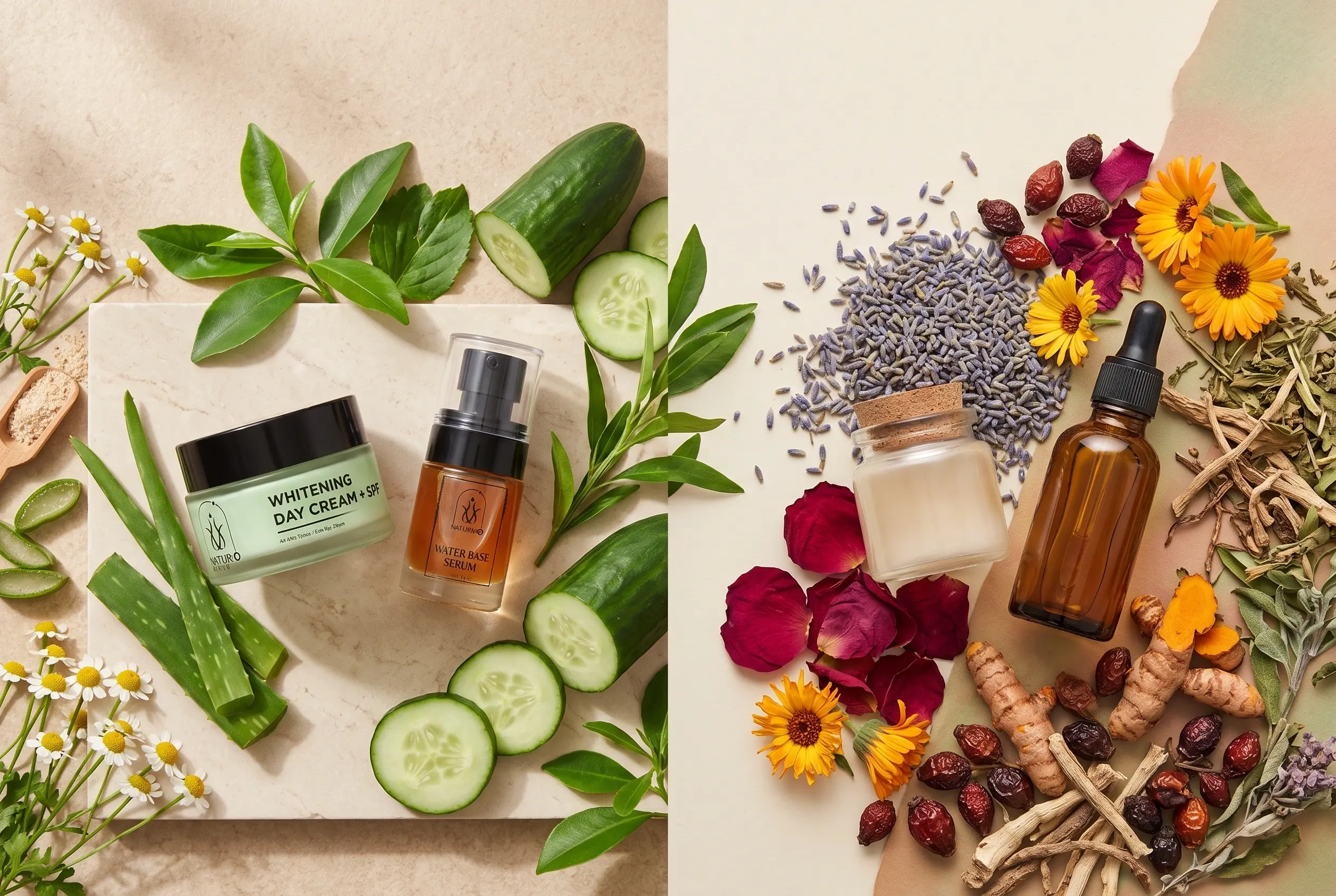Natural vs Organic Skincare comparison featuring botanical ingredients and skincare products