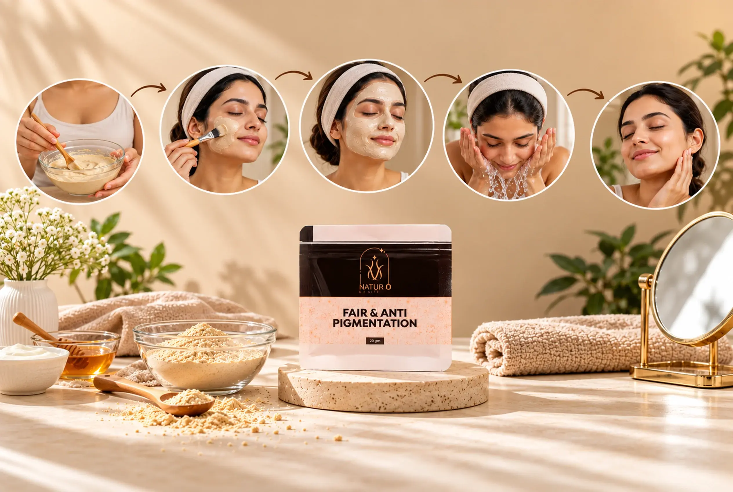 Face Pack skincare routine showing application, cleansing, and a face pack product with natural ingredients