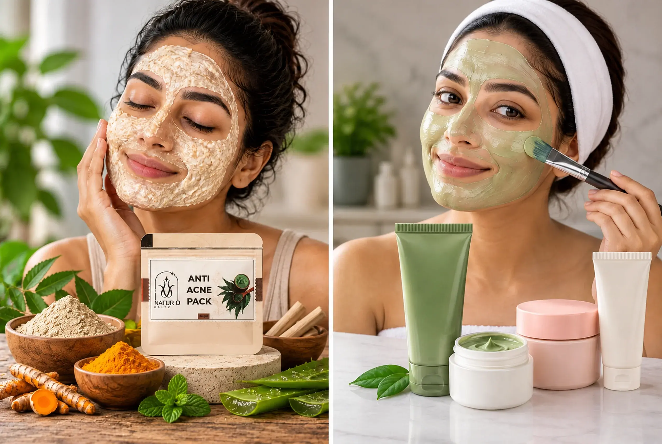 Homemade vs Store-Bought Face Pack with natural ingredients and skincare products for facial care